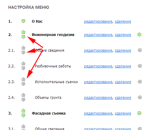 Перемещение пунктов и подпунктов по меню